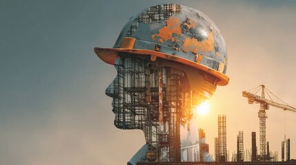 Poster - Innovative Engineer Silhouette with Construction Elements Under Sunlight