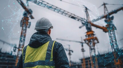Poster - Engineer Observing Construction Site with Cranes and Digital Elements
