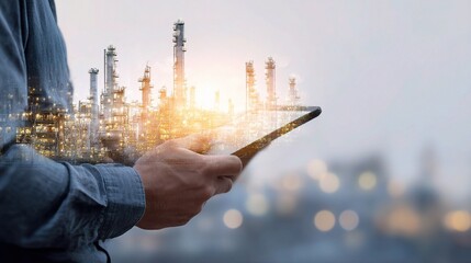 Poster - Man Holding Tablet Device Over Gas Refinery with Layered Effects