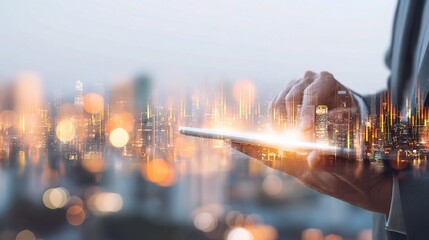 Poster - Professional Analyst Working on Tablet with City Background Glow