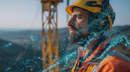 Poster - Male Foreman Overseeing Crane Operations with Digital Overlay