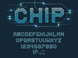 © Vector Tradition - Chip type font, vector alphabet letters, digits and punctuation marks Blue microcircuit glowing abc uppercase characters, fluorescent electric futuristic style signs set isolated on dark background