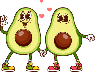 Poster - Cartoon groovy avocado characters standing side by side holding hands and smiling. Funny tropical fruits wear sneakers and have expressive eyes with floating hearts above them symbolizing love feeling