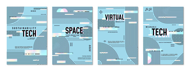 Aufkleber - Abstract futuristic glitch poster template with curved lines and abstract geometric shapes. Vector modern cover layouts features holographic noise, distorted effects with tech vibes, digital patterns