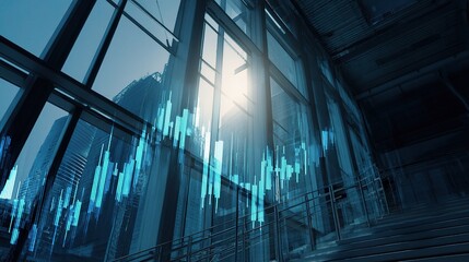 Poster - Glowing Blue Forex Chart Casting Shadows Across Modern Architecture