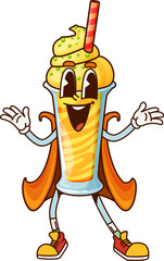 Poster - Cartoon groovy milkshake cup dessert character with superhero or wizard cape and playful expression. Isolated vector funny orange colored sweet cocktail glass retro personage with whipped cream swirl
