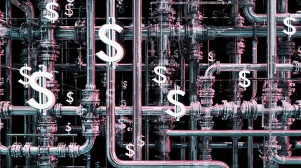 Poster - Complex Network of Pipes with Dollar Signs Overlaying Design