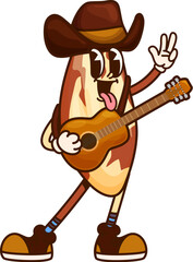 Leinwandbilder - Cartoon groovy brazil nut cowboy or bandit character wearing brown hat and boots playing a classic acoustic guitar. Vector kernel western artist personage with tongue out, exudes country, musical vibe
