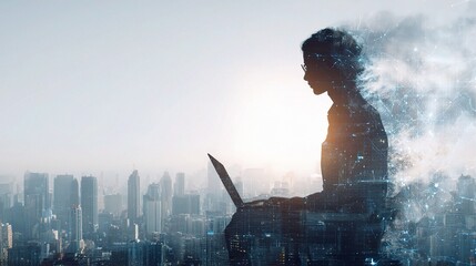 Poster - Entrepreneur Working on Laptop with Aerial City Background