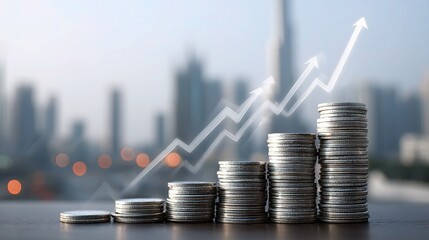 Poster - Stacked Coins with Upward Trading Arrows Against City Skyline