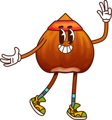 Aufkleber - Cartoon groovy hazelnut nut and seed character in retro sneakers and headband, showcasing funky and hippie y2k vibe. Isolated vector playful food personage spreading happiness and vintage energy