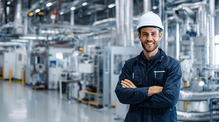 Poster - Smiling Engineer in Hard Hat in Busy Industrial Factory Setting