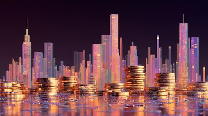 Poster - Melting Coins Transforming into Holographic Skyscrapers at Night