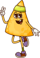 Aufkleber - Groovy Mexican nacho chip cartoon character wearing sneakers and a headband making a peace sign, embodying playful and energetic y2k hippie vibe. Isolated vector tex mex food or snack retro personage