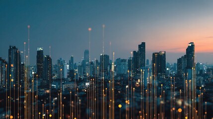 Poster - Dusk Skyline Blended with Abstract Circuit Patterns in Urban Scene