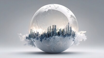 Poster - Transparent Globe with Emerging Growth Bars Over a City Landscape