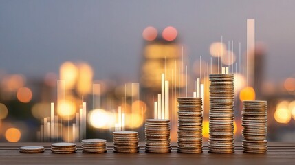 Poster - Urban Skyline at Twilight with Stacked Coins and Abstract Patterns