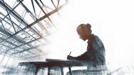 Poster - Double Exposure of Steel Structure Beams with Architect at Work
