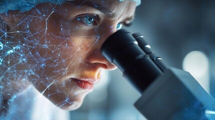 Poster - young woman researcher using microscope for double exposure analysis