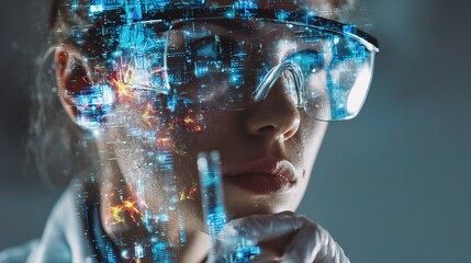 Poster - female scientist with goggles and test tube in a lab environment