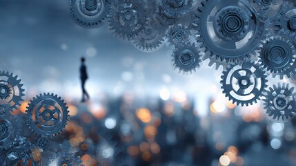 Poster - Urban Landscape with Floating Gears and City Lights at Dusk