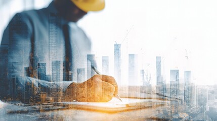 Poster - Double Exposure of Financial Graphs and Architect with Construction
