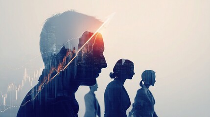 Poster - Double Exposure of Diverse People with Financial Arrow Growth Concept