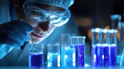 Poster - researcher analyzing glassware in laboratory setting with precision