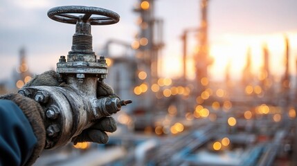 Poster - Technician Adjusting Valve in Industrial Setting with Blurred Background