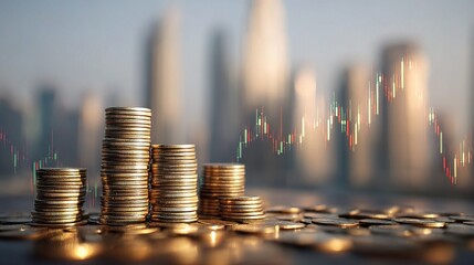Poster - Coins Falling With Stock Chart Overlays in Dubai Cityscape Background
