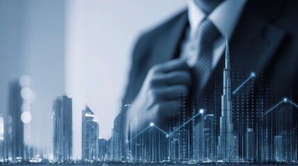 Poster - Businessman Adjusting Tie with Rising Profit Chart in Dubai Cityscape