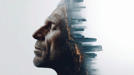 Poster - Surreal Double Exposure of a Man's Face with Urban Landscape