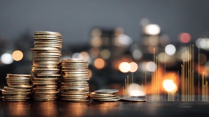Poster - Stacked Coins with Bar Graph Data Representation and Bokeh Background