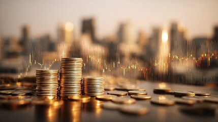 Poster - Stacked Coins with City Background and Financial Data Visualization