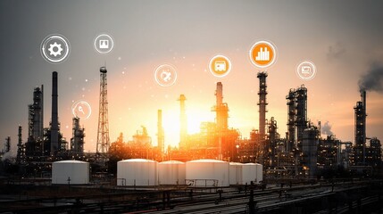 Poster - Industrial Plant with Digital Elements and Transportation Backdrop