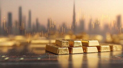 Poster - Double Exposure of Gold Bars with Financial Figures and City Background