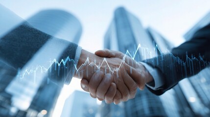 Poster - Business Handshake in Front of Skyscrapers with Rising Graph Overlay