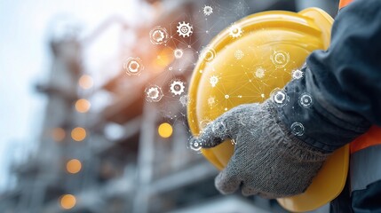 Poster - Worker Holding Safety Helmet at Oil Refinery with Industrial Background