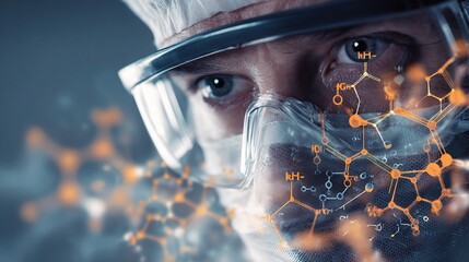 Poster - chemist in ppe analyzing molecular structures with graphic overlay