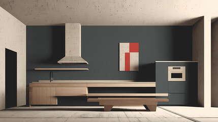 Wall Mural - Modern minimalist kitchen interior. wooden dining table. gray facades, open shelves. built-in home appliances, work surface lighting. contemporary home design. 3d rendering. minimalist. Illustration