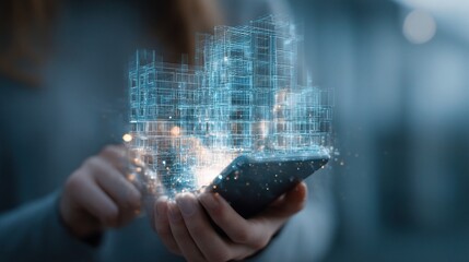 Poster - Holographic Building Schematics Displayed Over Woman's Hands
