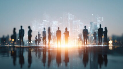 Poster - Business People Standing Before Holographic City Icons Visuals