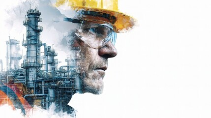 Poster - Worker Profile with Industrial Plant Background and Pipe Integration