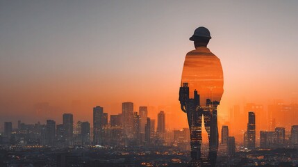 Poster - Engineer Silhouette at Sunrise Over Cityscape with Reflection