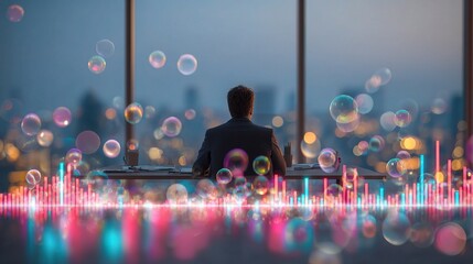 Poster - Corporate Worker Focusing on Screen with Urban Background Lights