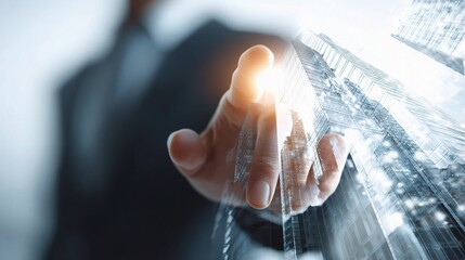 Poster - Businessman Touching Virtual Interface in Modern City Environment