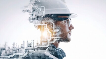 Poster - Engineer Wearing Hardhat with Pipeline Diagrams Overlay Image