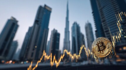Poster - Dynamic Crypto Market Graph Over Dubai Skyline with Bitcoin Symbol