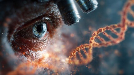 Poster - close-up of microscope overlooking glowing dna helix in lab