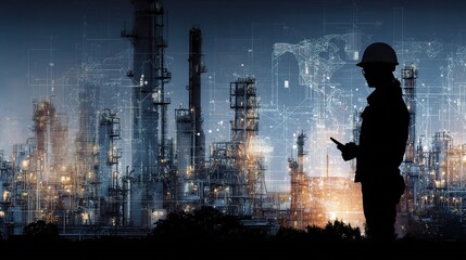 Poster - Silhouette of Worker at Industrial Plant with Digital Energy Elements
